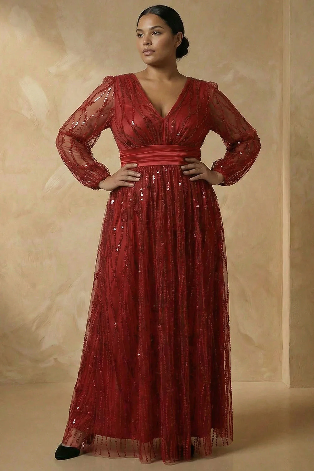 Burgundy A-Line Sequins Long Sleeves Mother of the Bride Dress - Image 2
