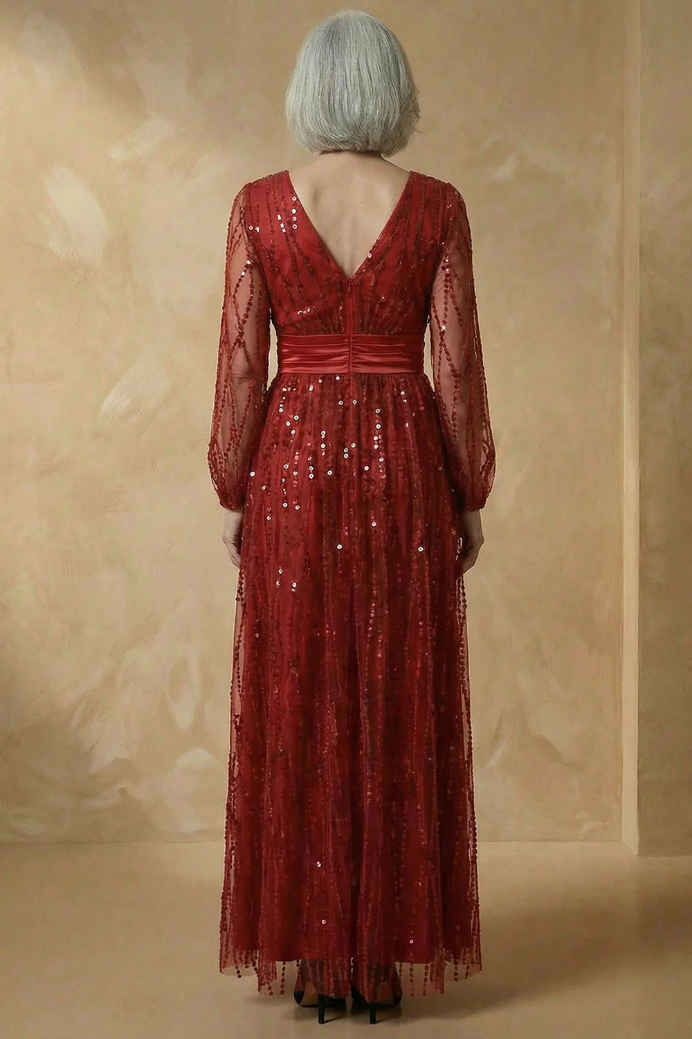Burgundy A-Line Sequins Long Sleeves Mother of the Bride Dress - Image 3