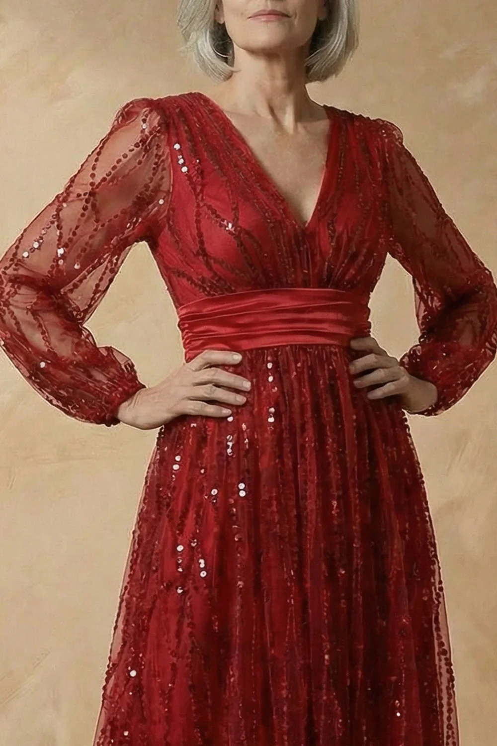 Burgundy A-Line Sequins Long Sleeves Mother of the Bride Dress - Image 4