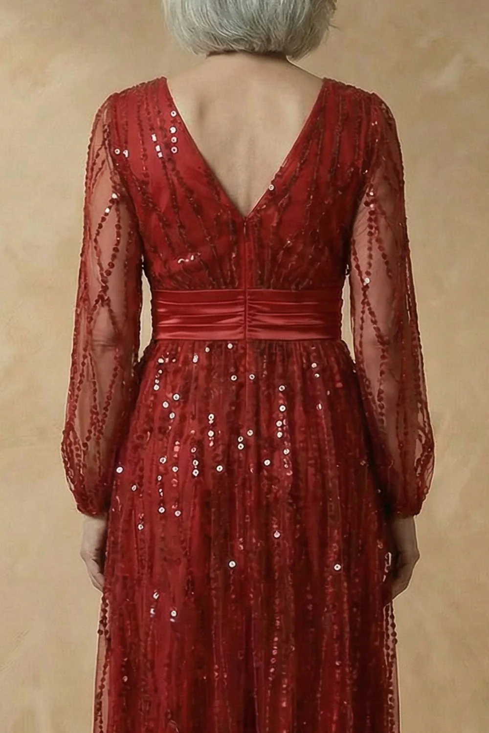 Burgundy A-Line Sequins Long Sleeves Mother of the Bride Dress - Image 5