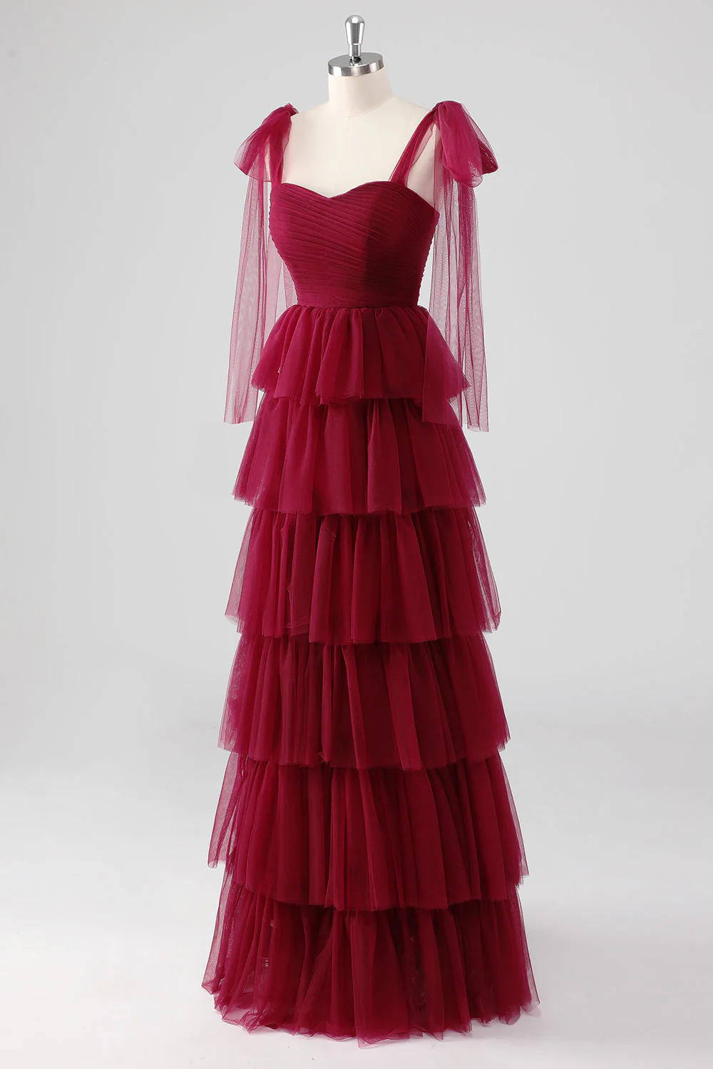 Burgundy A Line Tied Shoulder Straps Tiered Tulle Formal Dress - Image 3