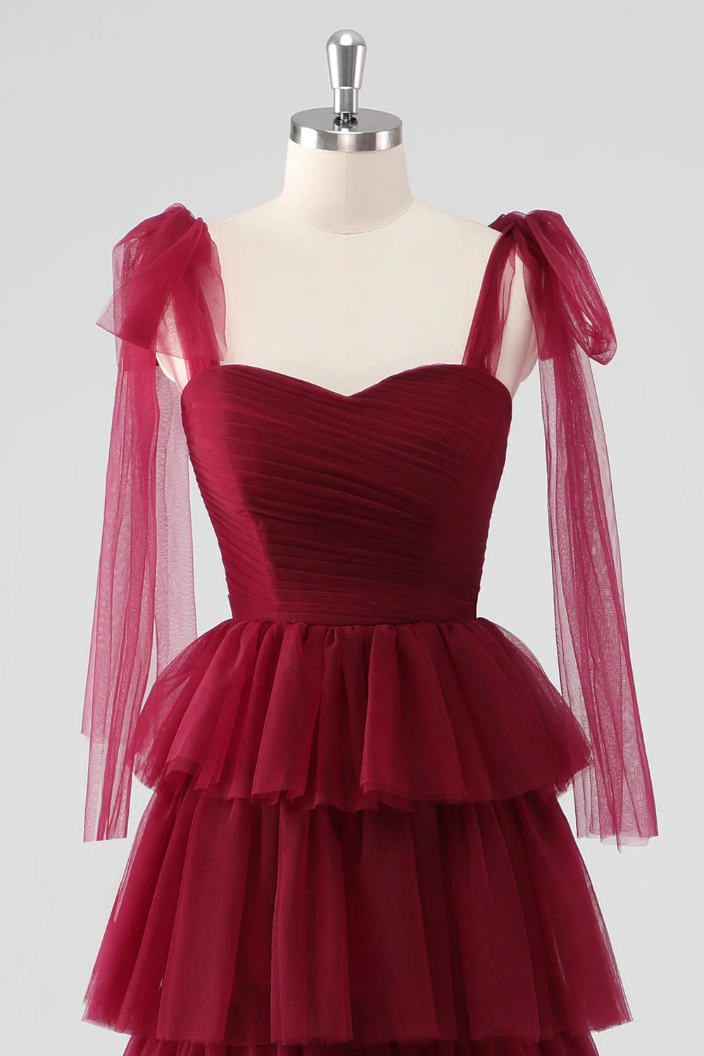 Burgundy A Line Tied Shoulder Straps Tiered Tulle Formal Dress - Image 4