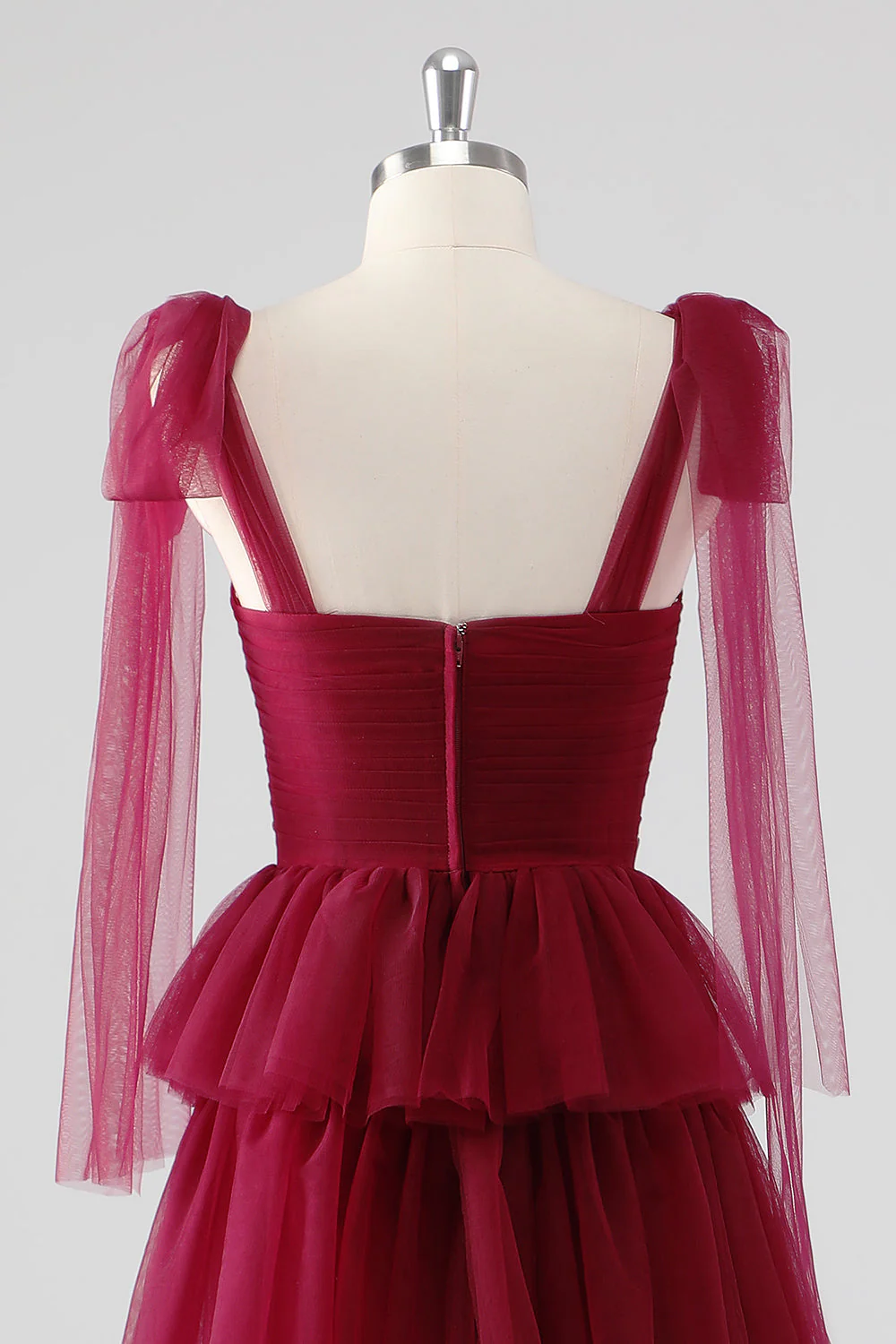 Burgundy A Line Tied Shoulder Straps Tiered Tulle Formal Dress - Image 5