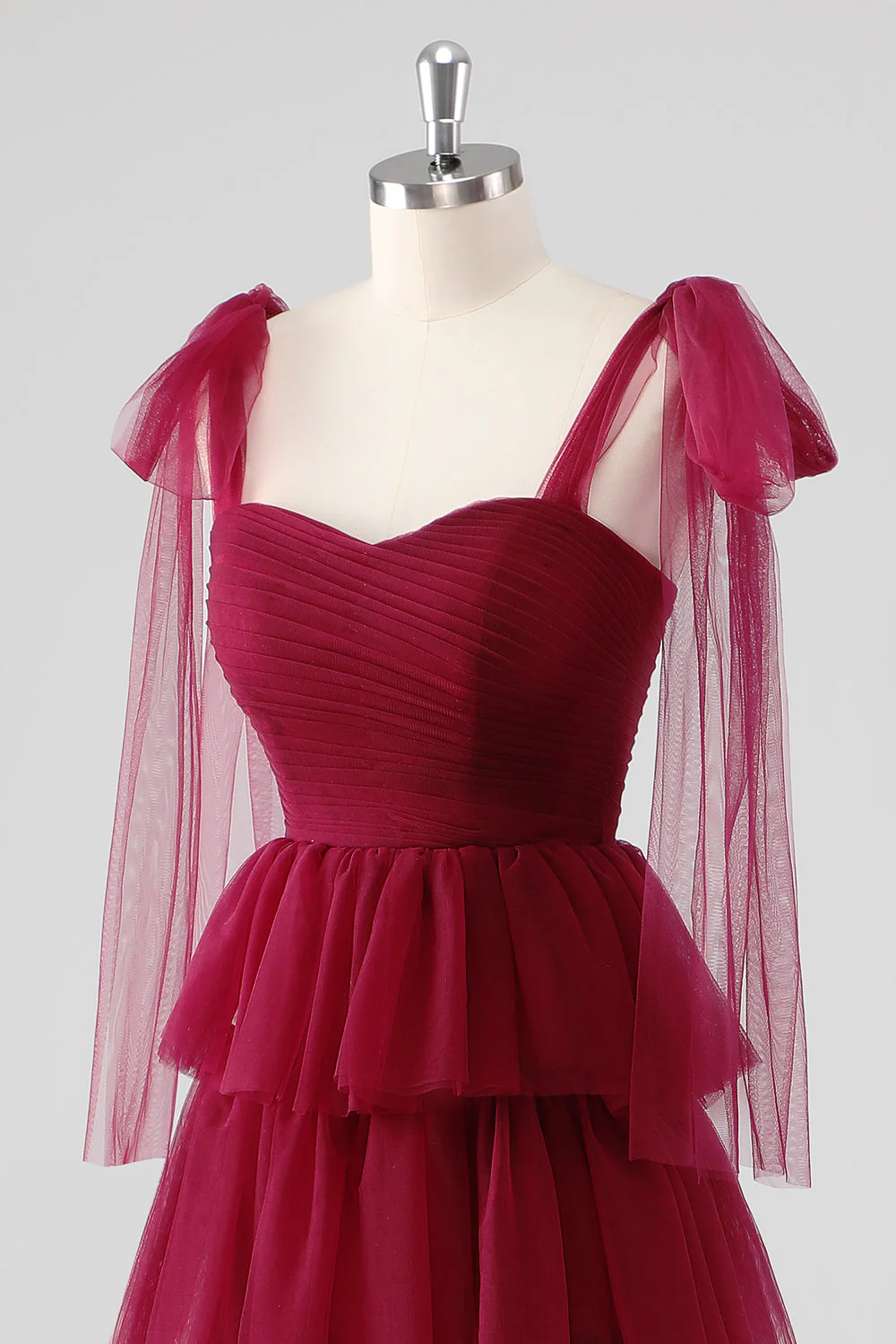 Burgundy A Line Tied Shoulder Straps Tiered Tulle Formal Dress - Image 6