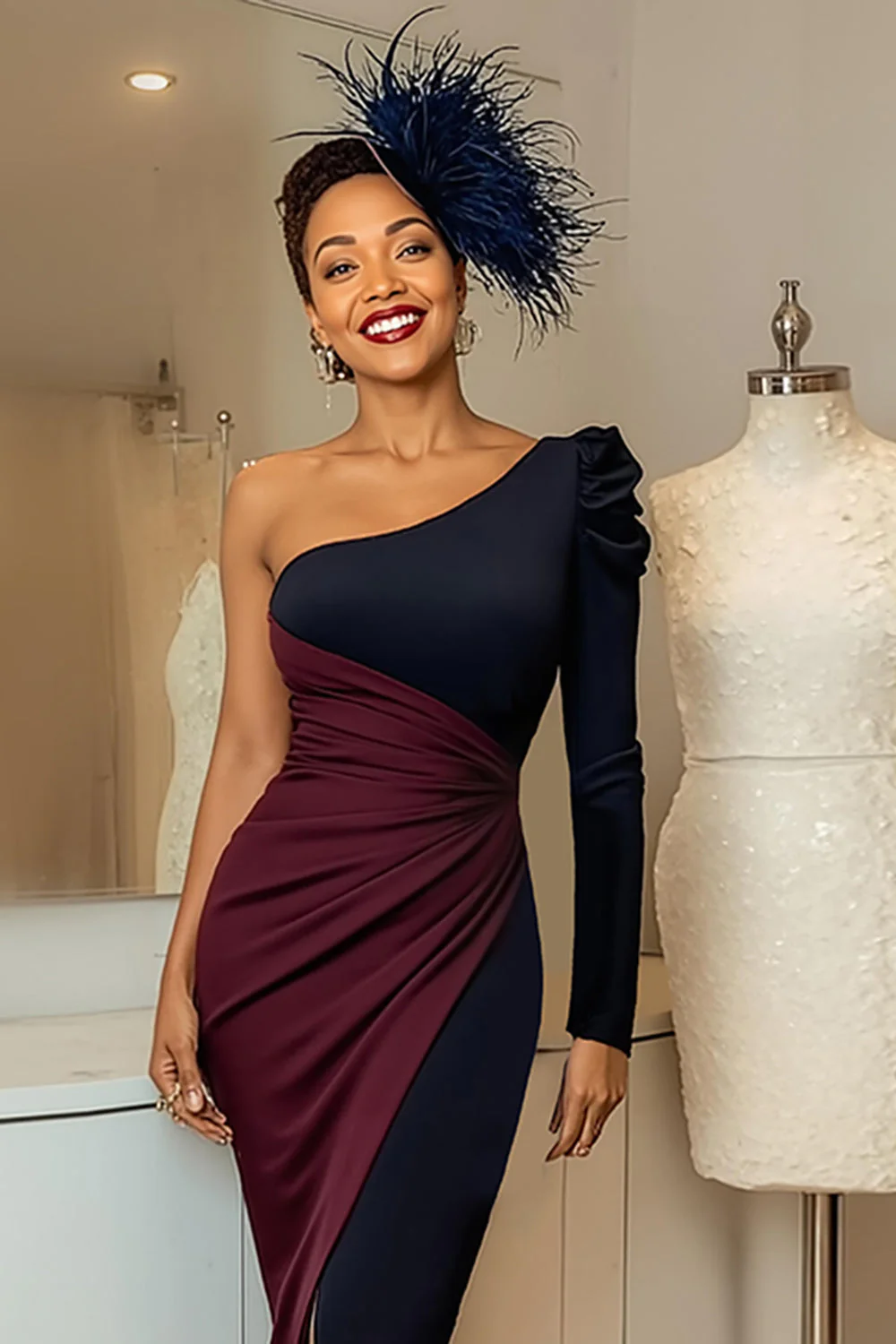 Burgundy and Navy One Shoulder Ruched Midi Mother Of The Bride Dress - Image 3