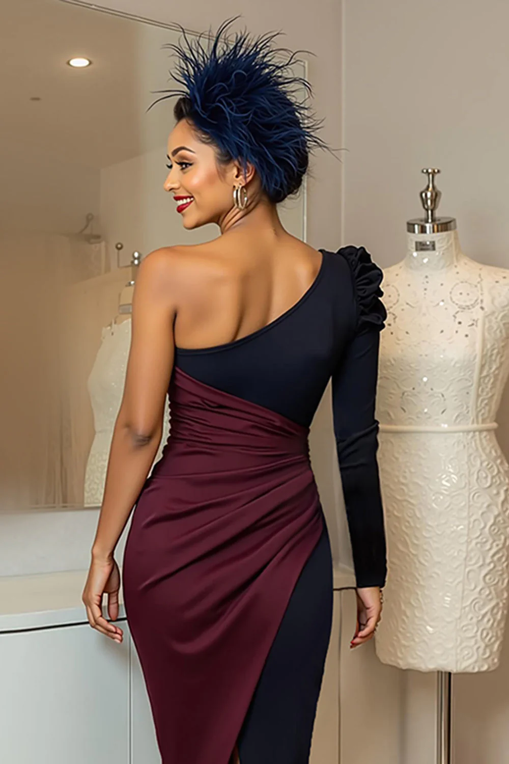 Burgundy and Navy One Shoulder Ruched Midi Mother Of The Bride Dress - Image 4