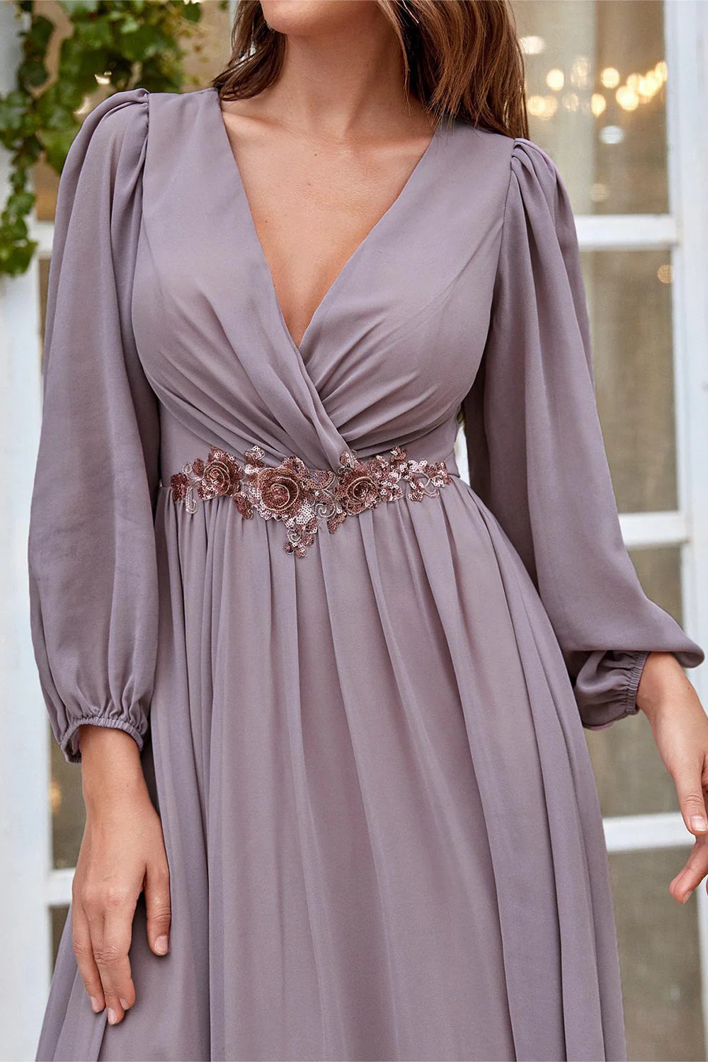 Burgundy Appliqued A Line Long Sleeves Chiffon Choir Dress - Image 10