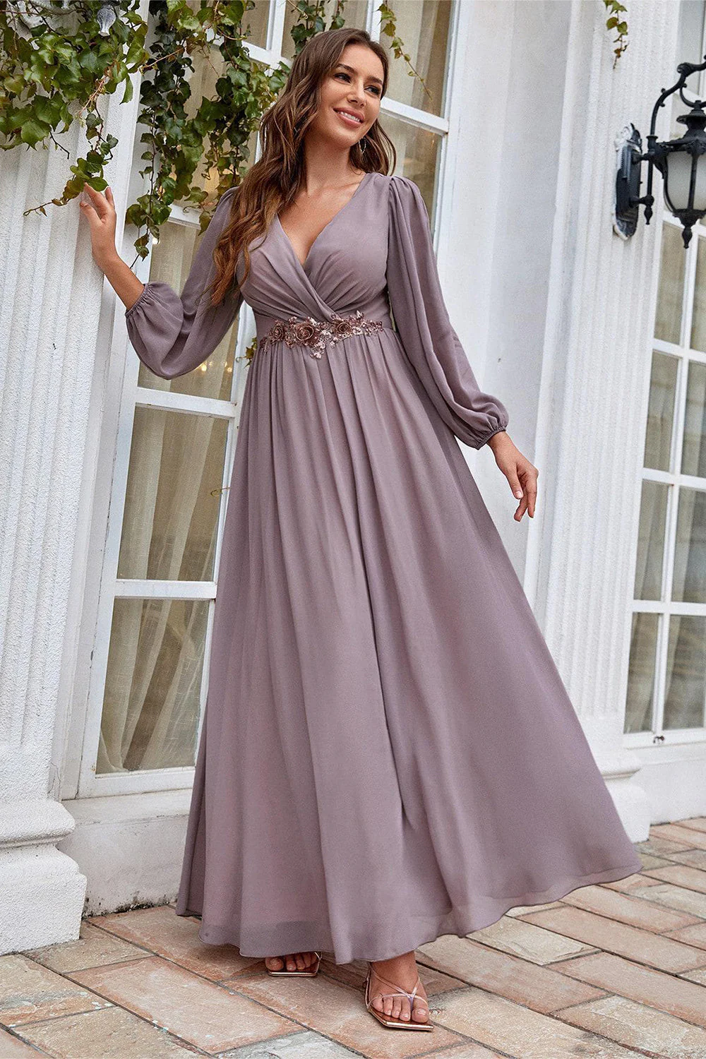 Burgundy Appliqued A Line Long Sleeves Chiffon Choir Dress - Image 11