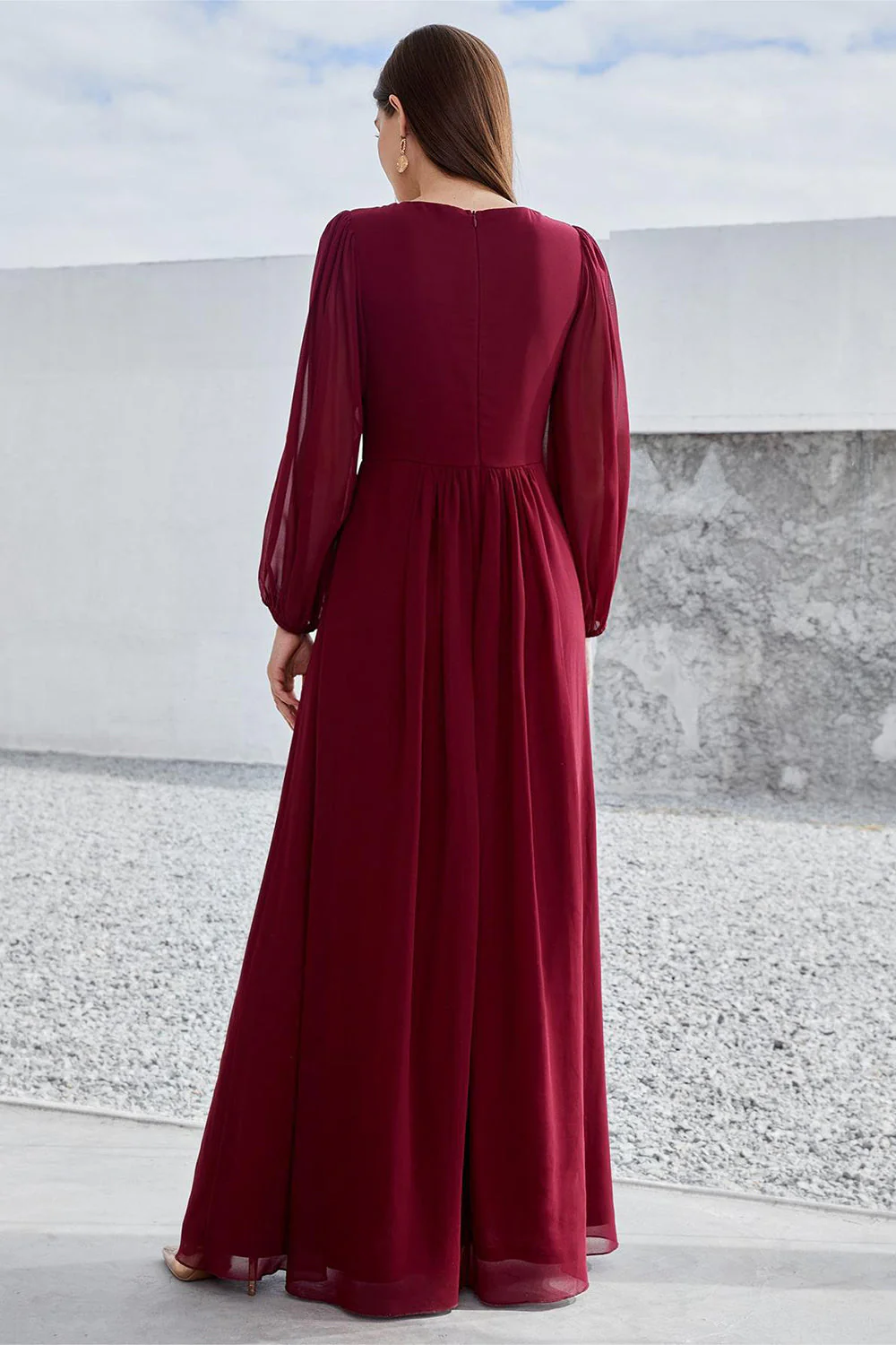 Burgundy Appliqued A Line Long Sleeves Chiffon Choir Dress - Image 3