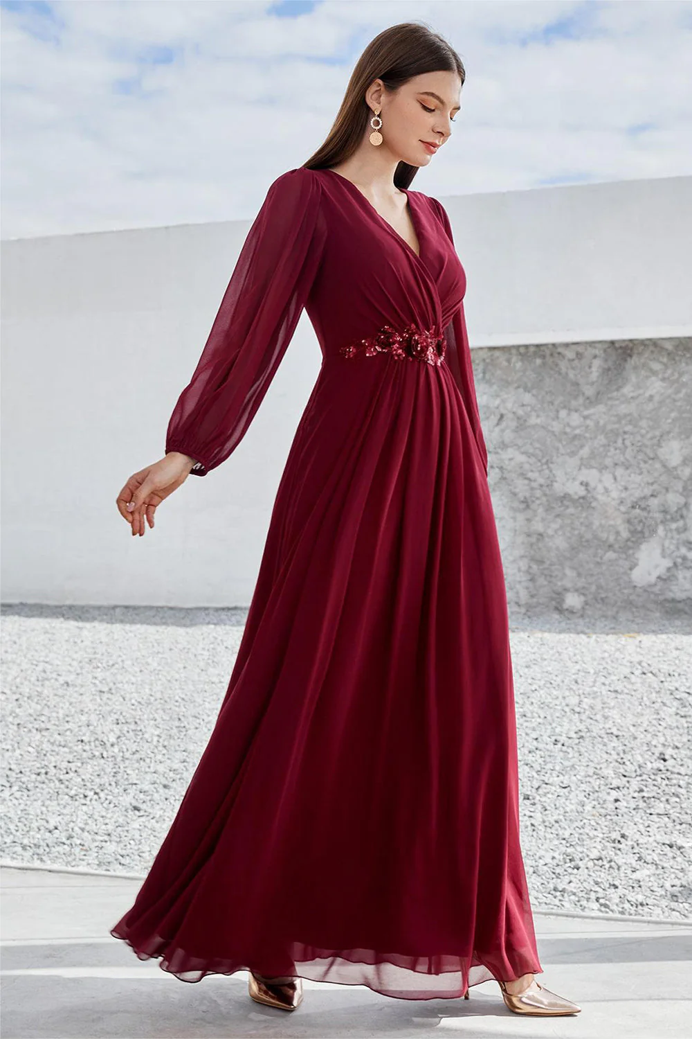 Burgundy Appliqued A Line Long Sleeves Chiffon Choir Dress - Image 4