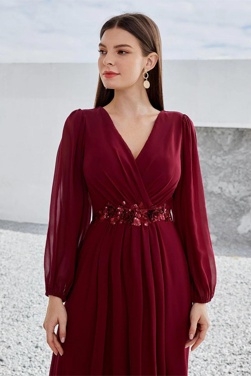 Burgundy Appliqued A Line Long Sleeves Chiffon Choir Dress - Image 5