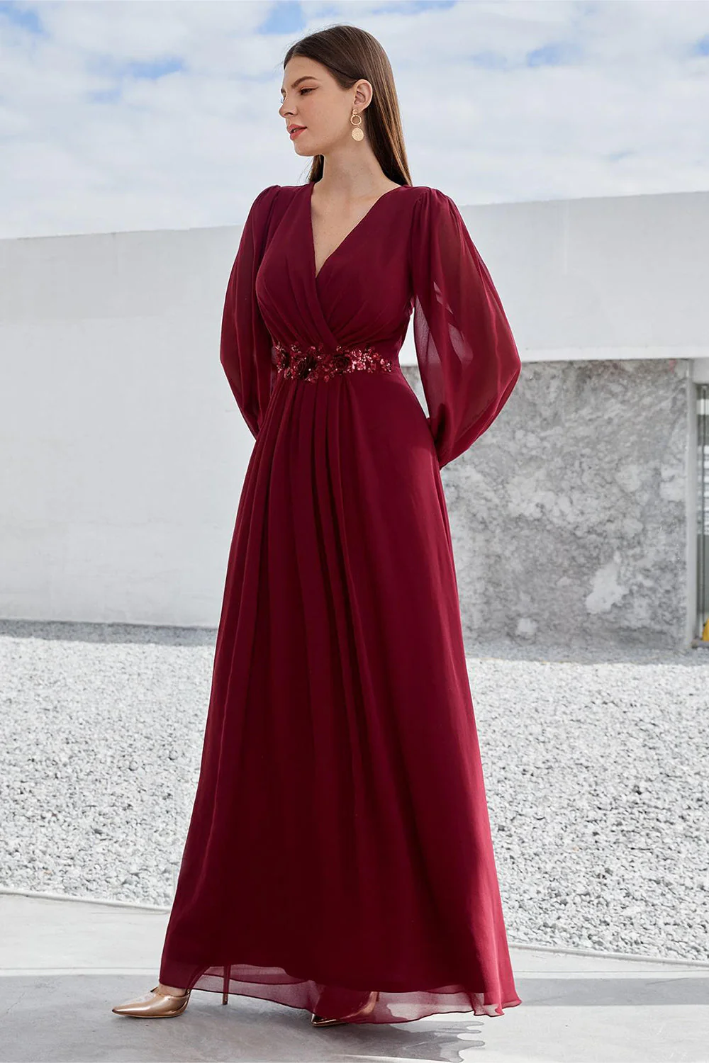 Burgundy Appliqued A Line Long Sleeves Chiffon Choir Dress - Image 6