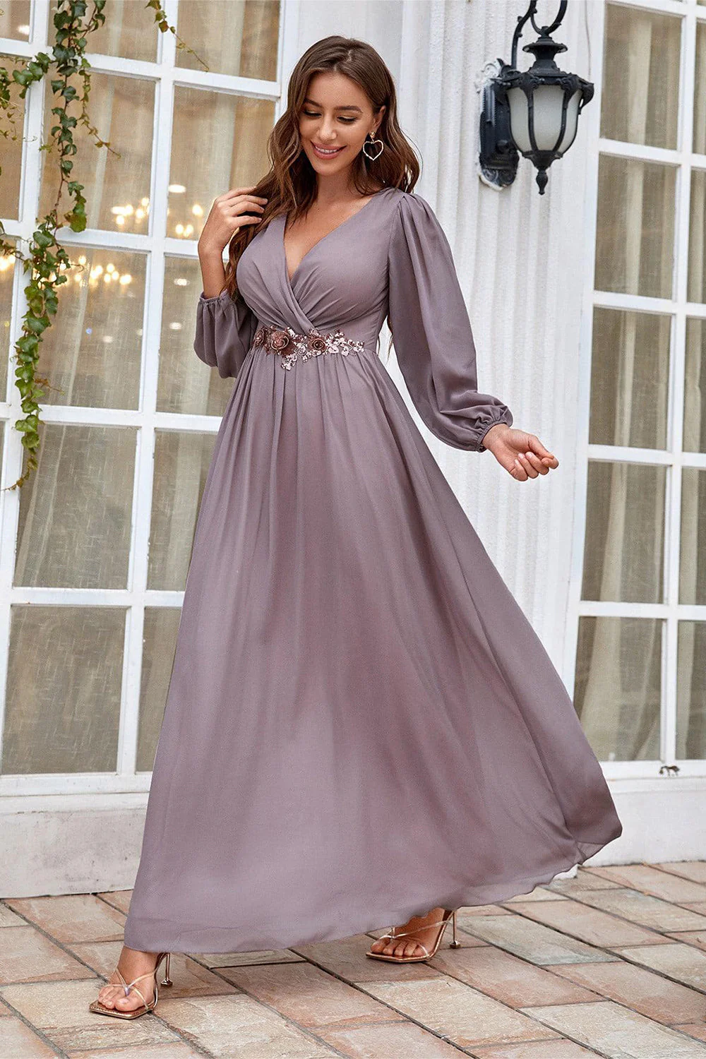 Burgundy Appliqued A Line Long Sleeves Chiffon Choir Dress - Image 7