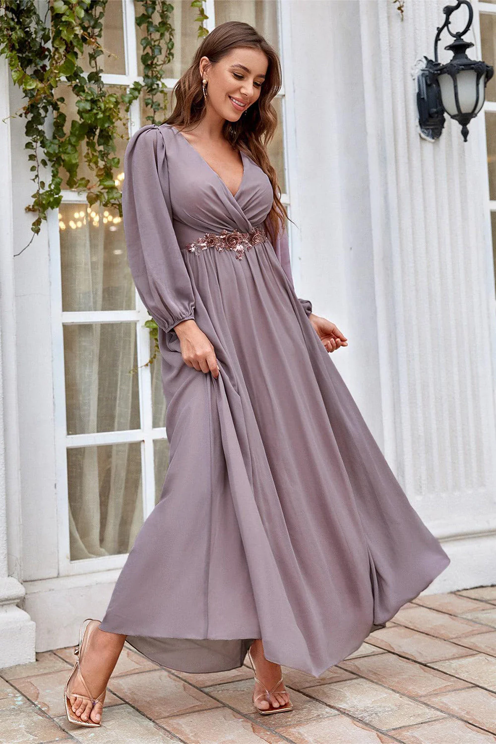 Burgundy Appliqued A Line Long Sleeves Chiffon Choir Dress - Image 9
