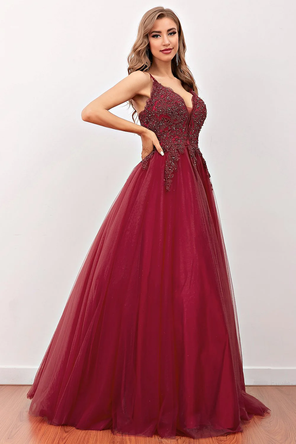 Burgundy Beaded Long Prom Dress - Image 3