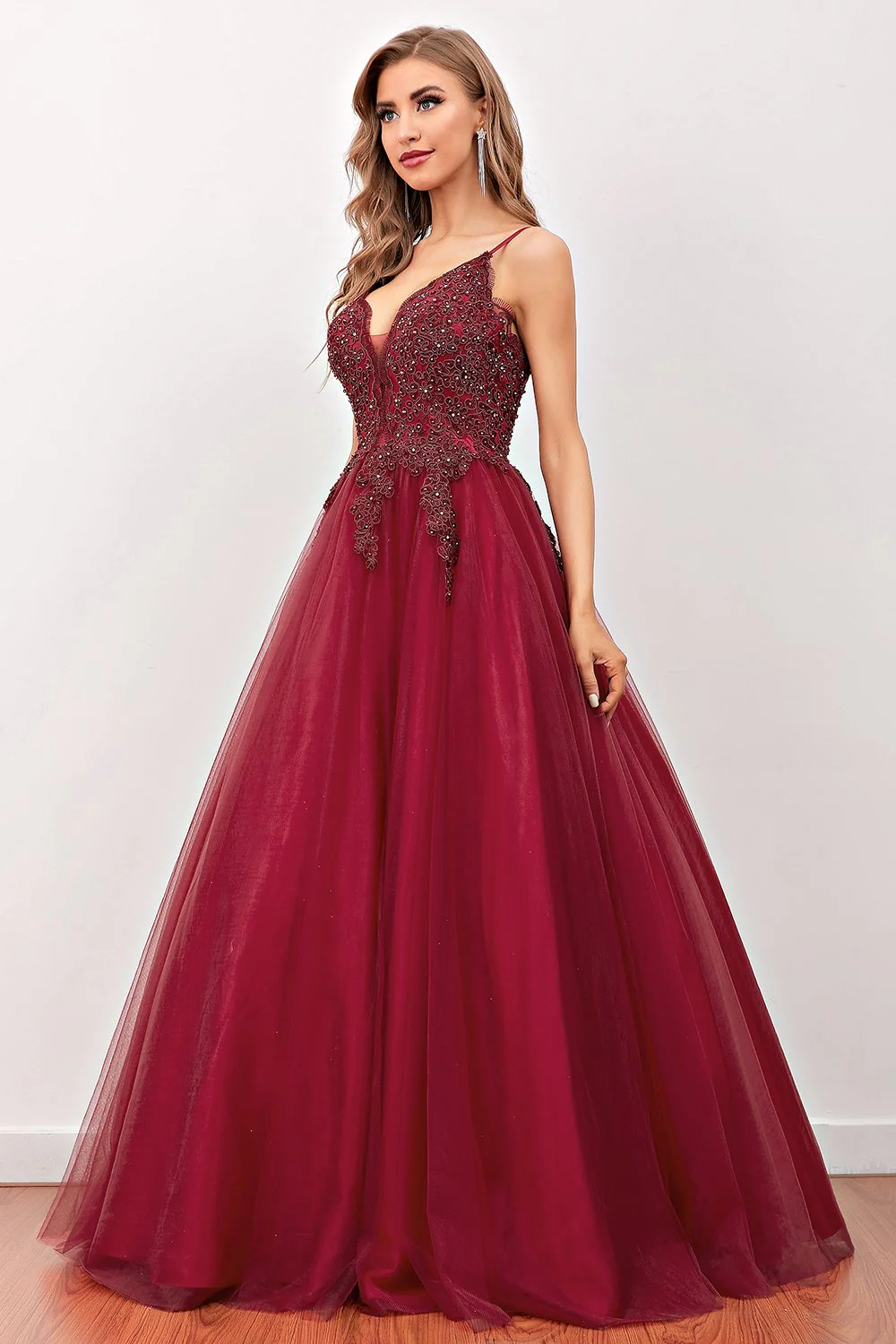 Burgundy Beaded Long Prom Dress - Image 4