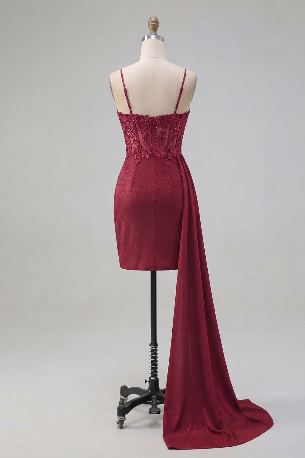 Burgundy Bodycon Corset Ruched Beaded Cocktail Dress with Side Cape - Image 2