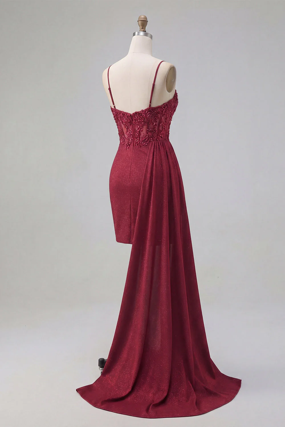 Burgundy Bodycon Corset Ruched Beaded Cocktail Dress with Side Cape - Image 5