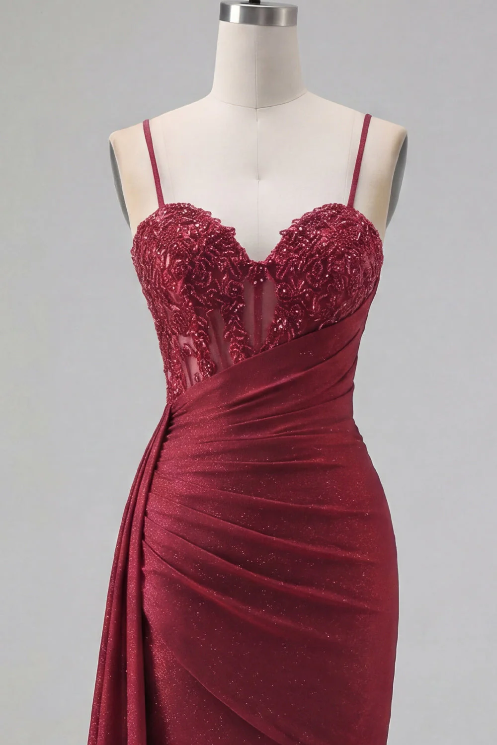 Burgundy Bodycon Corset Ruched Beaded Cocktail Dress with Side Cape - Image 6