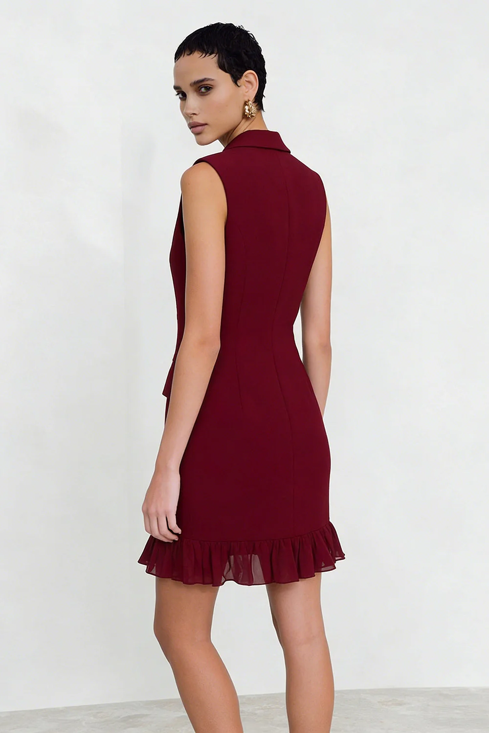 Burgundy Bodycon Double Breasted Work Dress with Fringes - Image 2