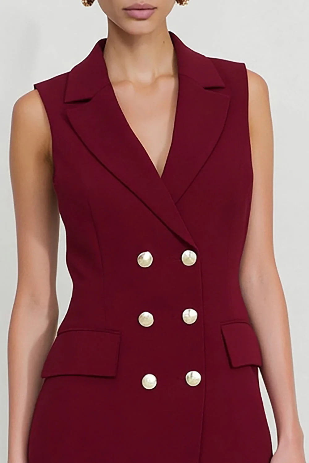 Burgundy Bodycon Double Breasted Work Dress with Fringes - Image 3