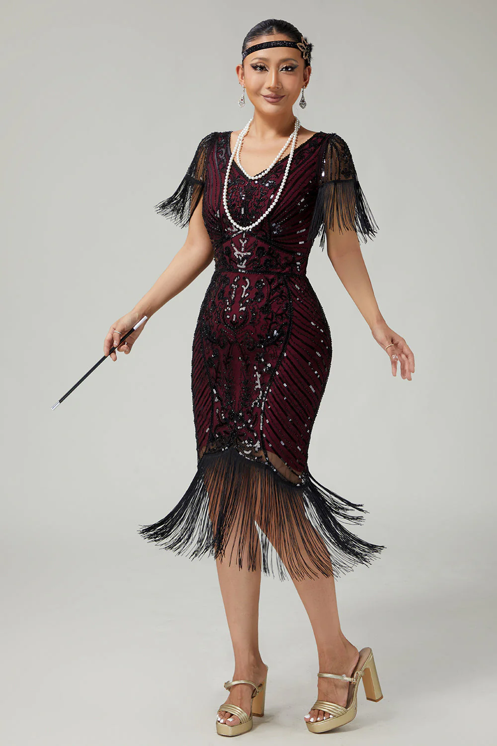 Burgundy Bodycon Sequin Fringed 1920s Dress With 5-Piece Accessories Set - Image 6