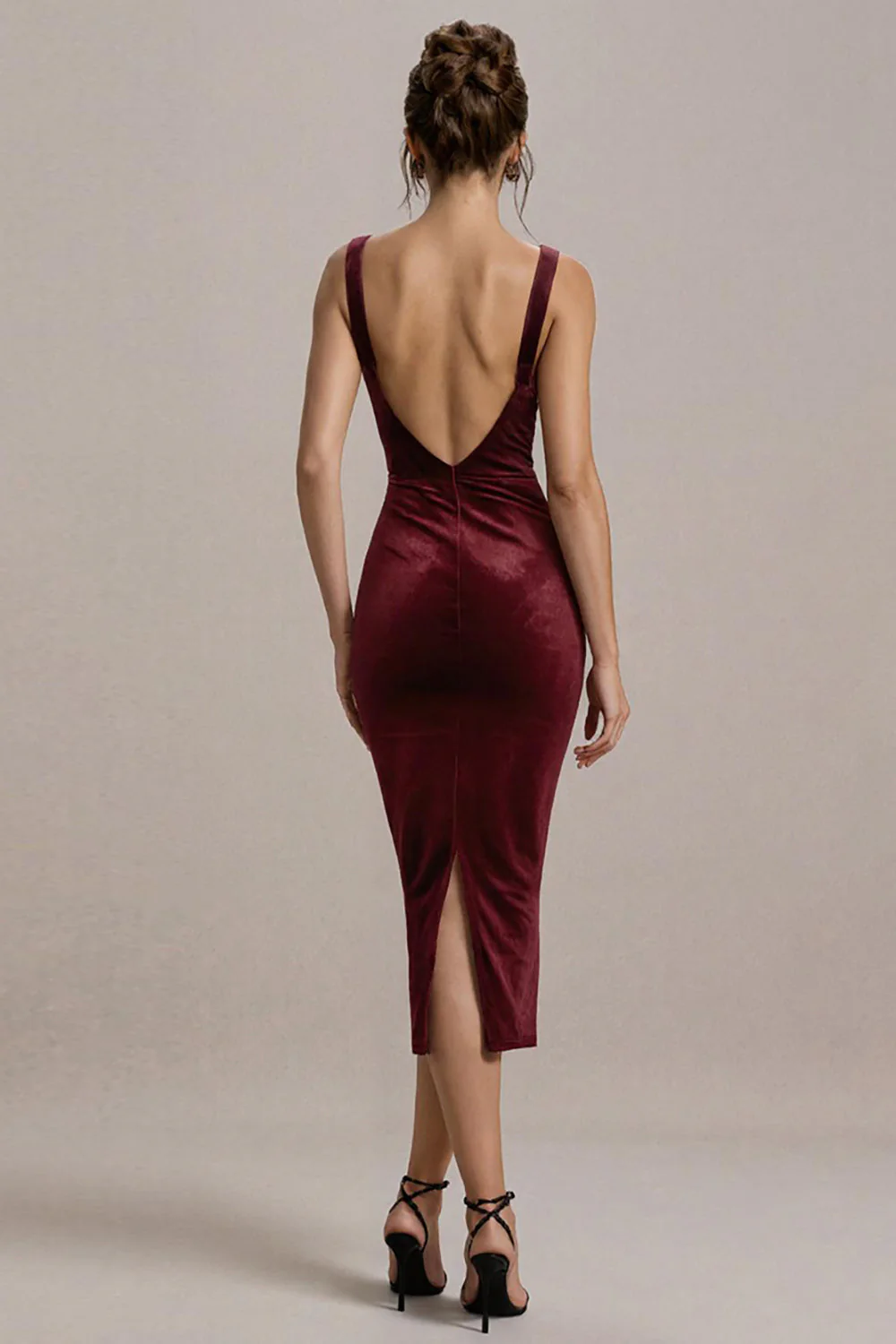 Burgundy Bodycon Velvet Midi Formal Dress - Image 2