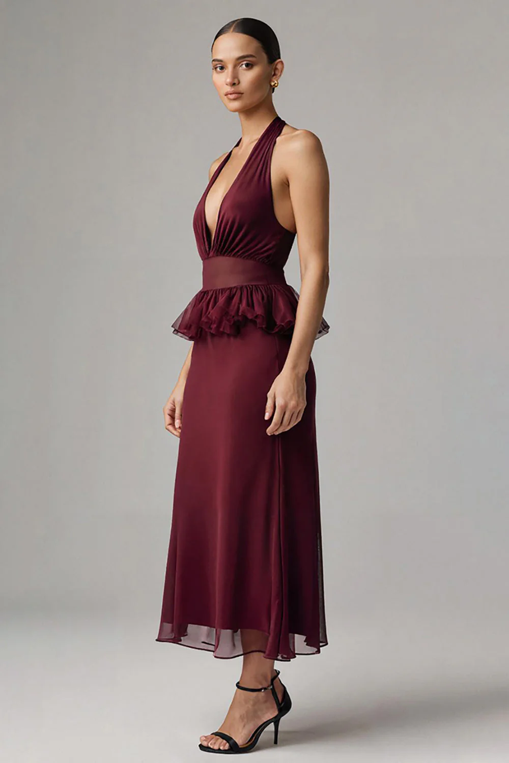 Burgundy Chiffon Deep V-Neck Halter Long Formal Dress with Ruffles - Image 2