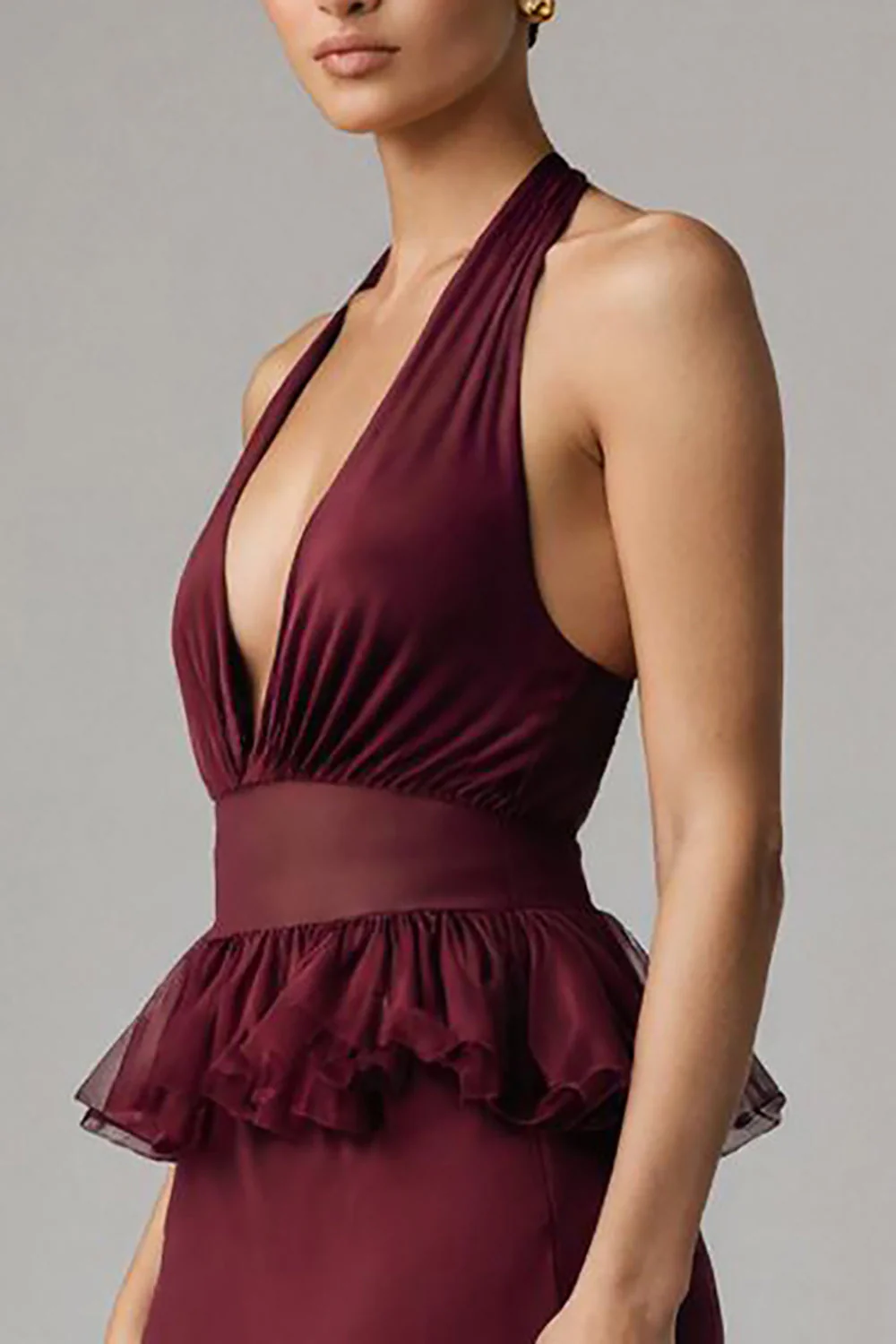 Burgundy Chiffon Deep V-Neck Halter Long Formal Dress with Ruffles - Image 3