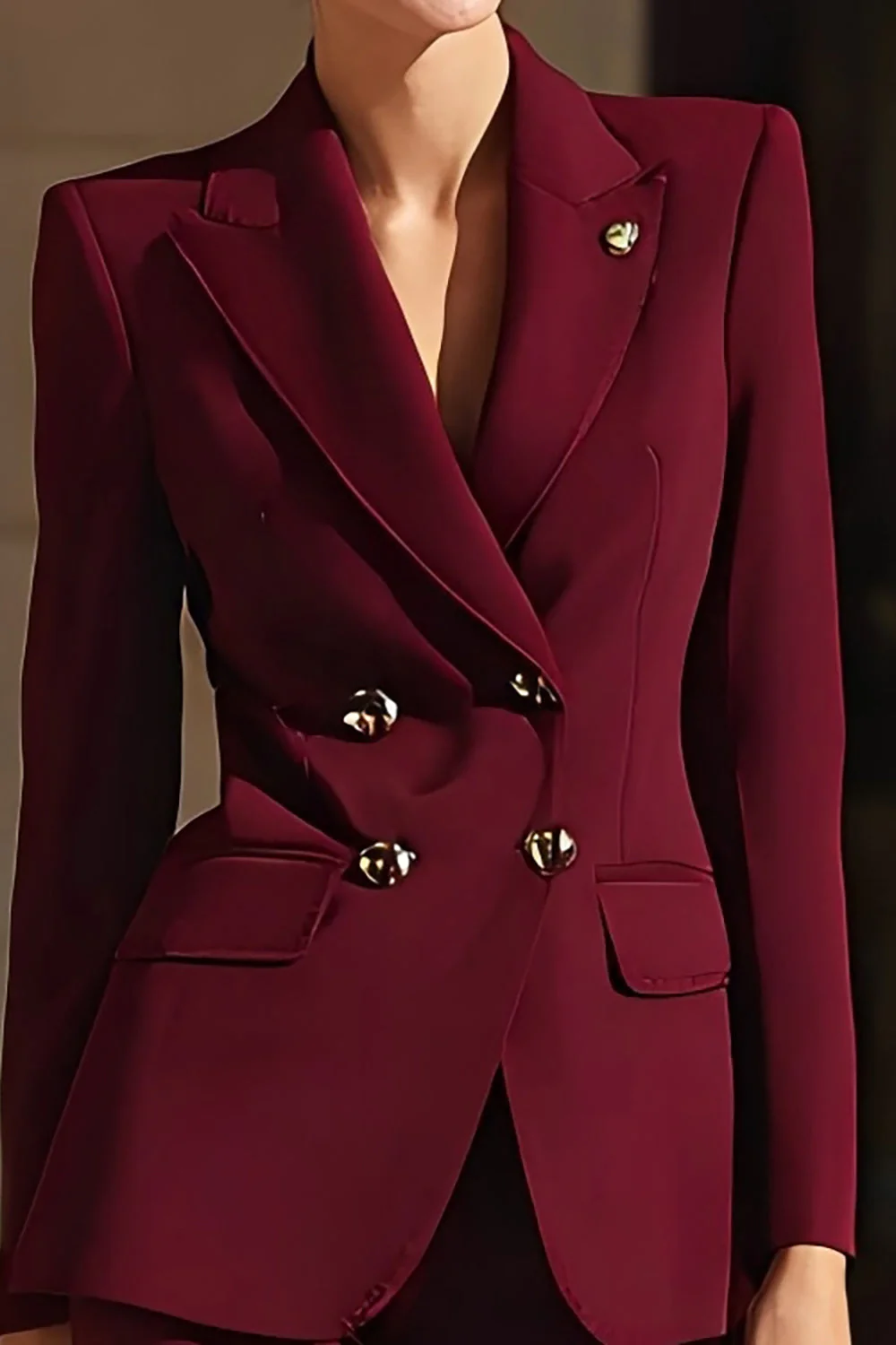 Burgundy Double Breasted Peak Lapel 2 Piece Women's Business Suits - Image 2