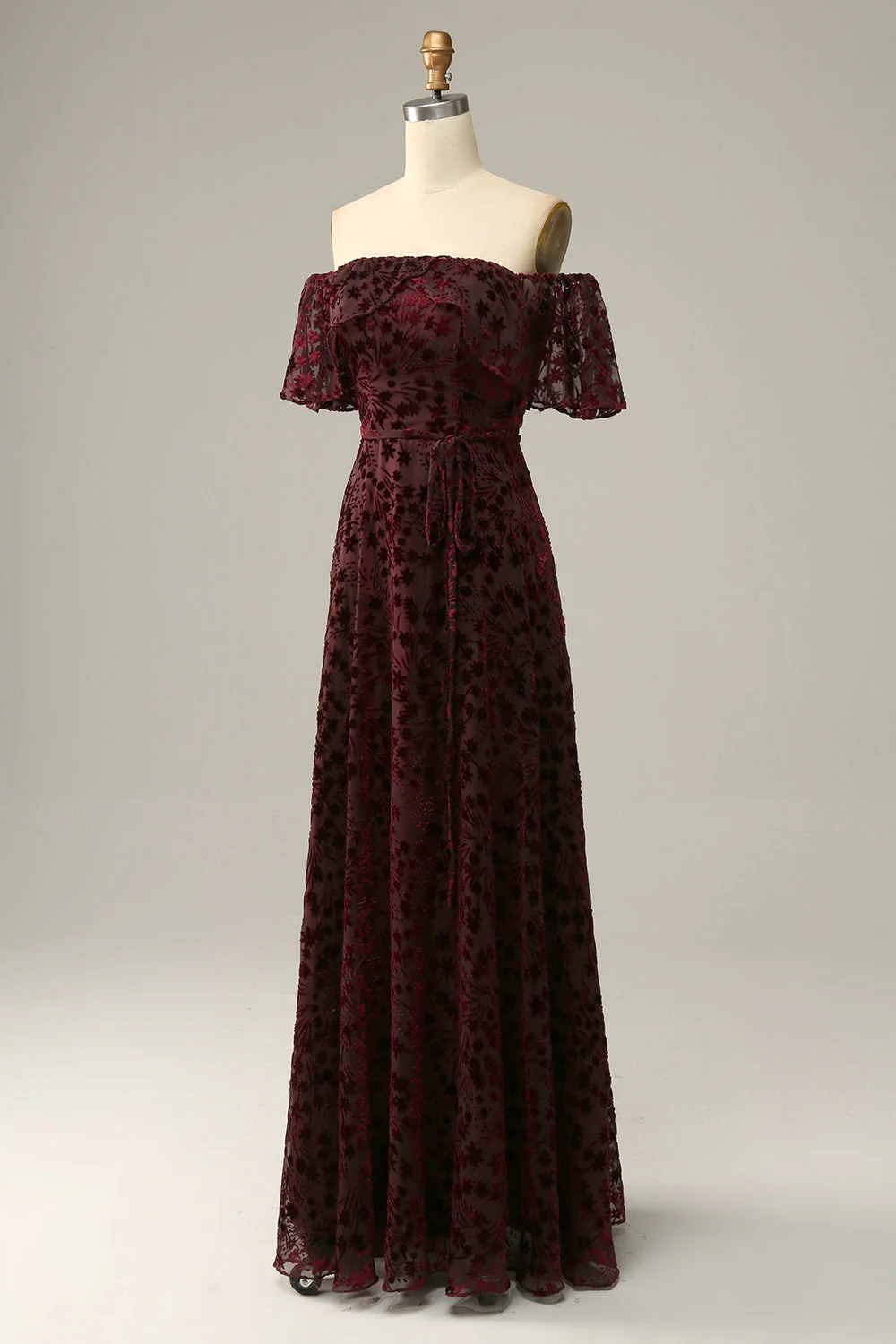 Burgundy Flower Off The Shoulder Evening Dress - Image 3