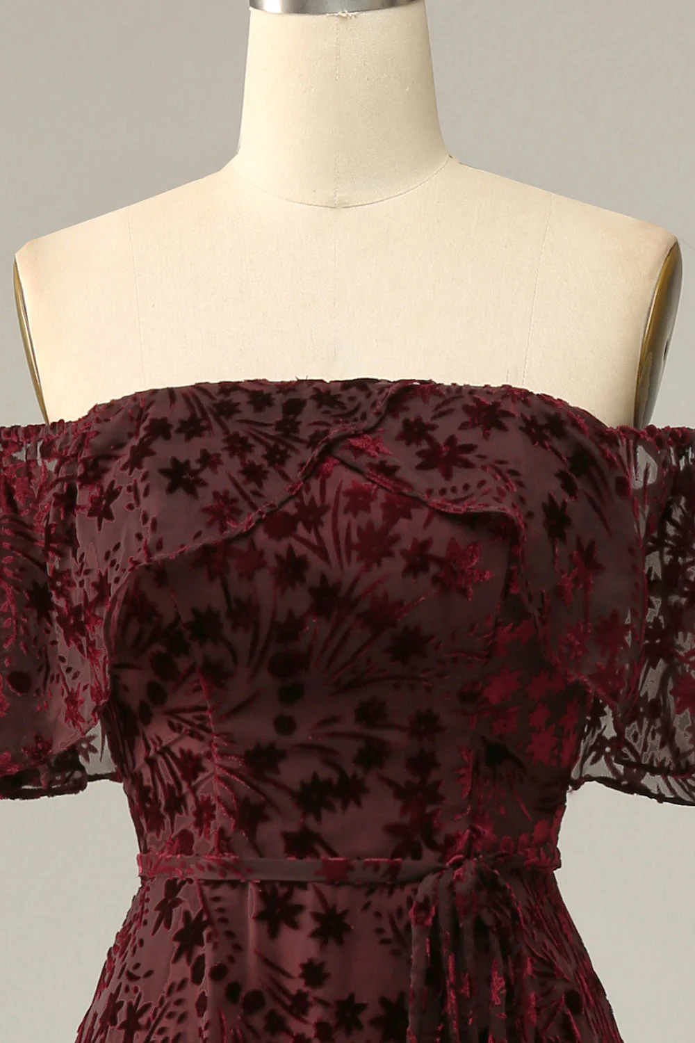 Burgundy Flower Off The Shoulder Evening Dress - Image 4