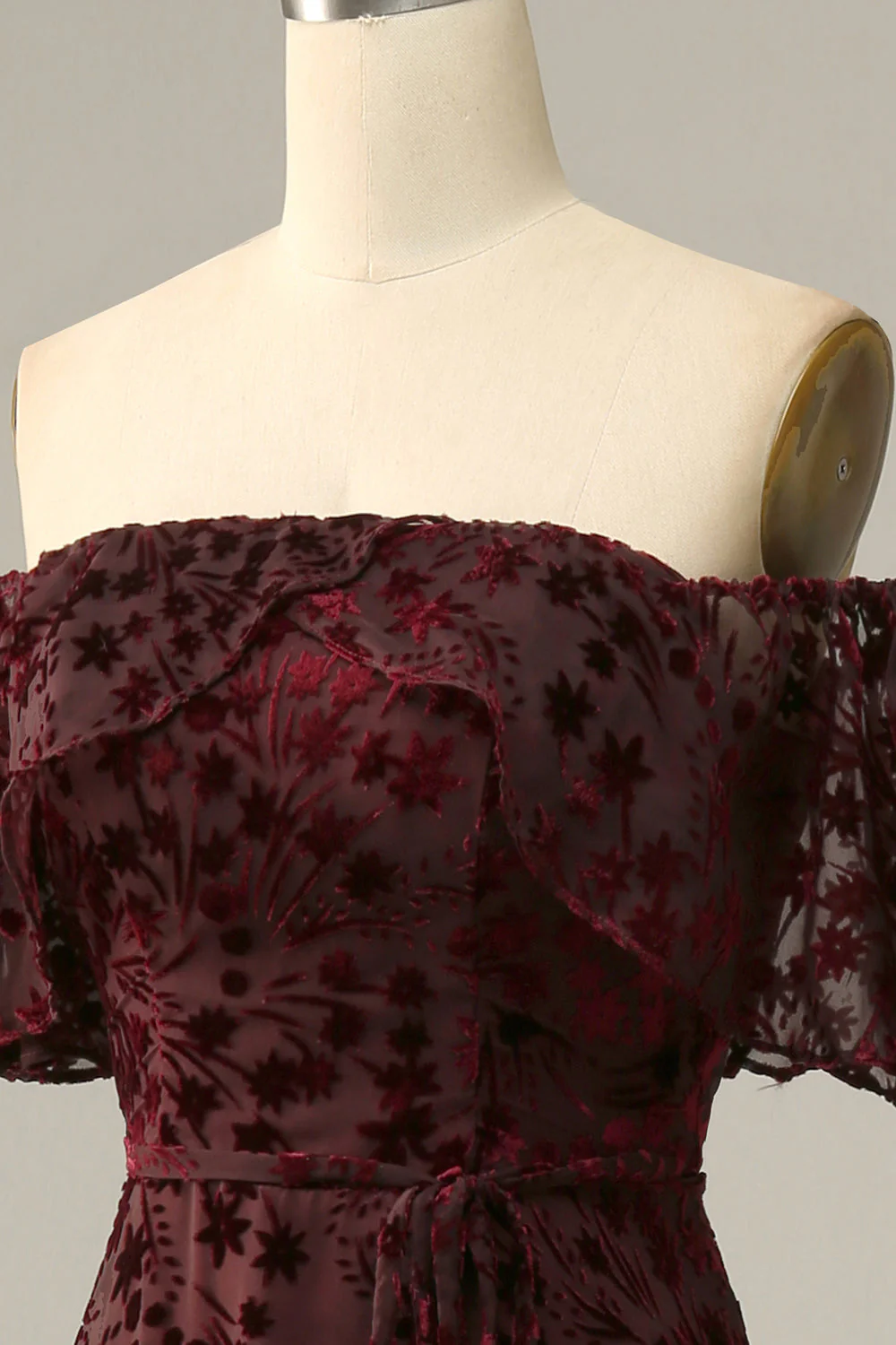 Burgundy Flower Off The Shoulder Evening Dress - Image 5