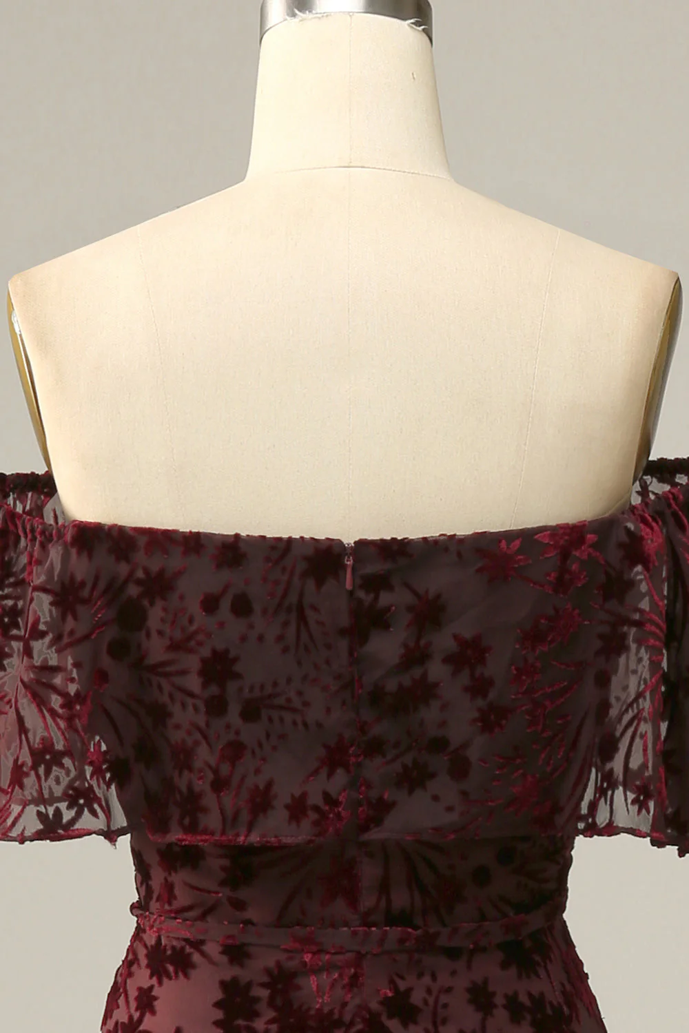 Burgundy Flower Off The Shoulder Evening Dress - Image 6