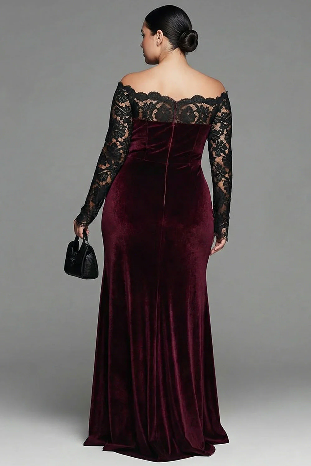 Burgundy Lace Velvet Mermaid Plus Size Formal Dress with Long Sleeves - Image 3