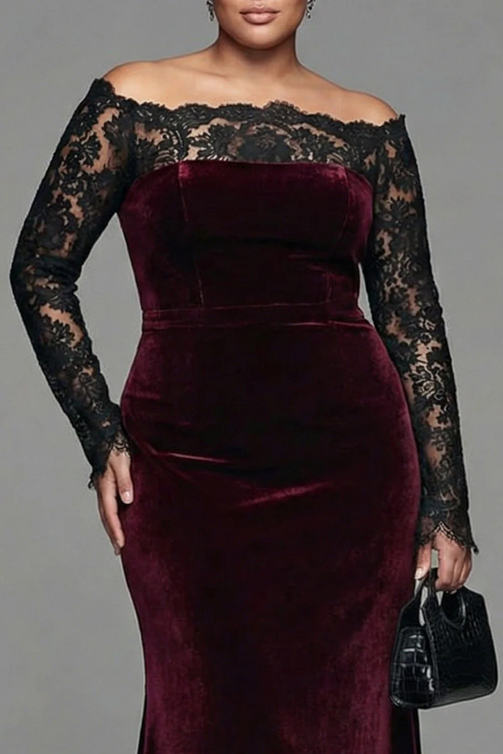 Burgundy Lace Velvet Mermaid Plus Size Formal Dress with Long Sleeves - Image 4