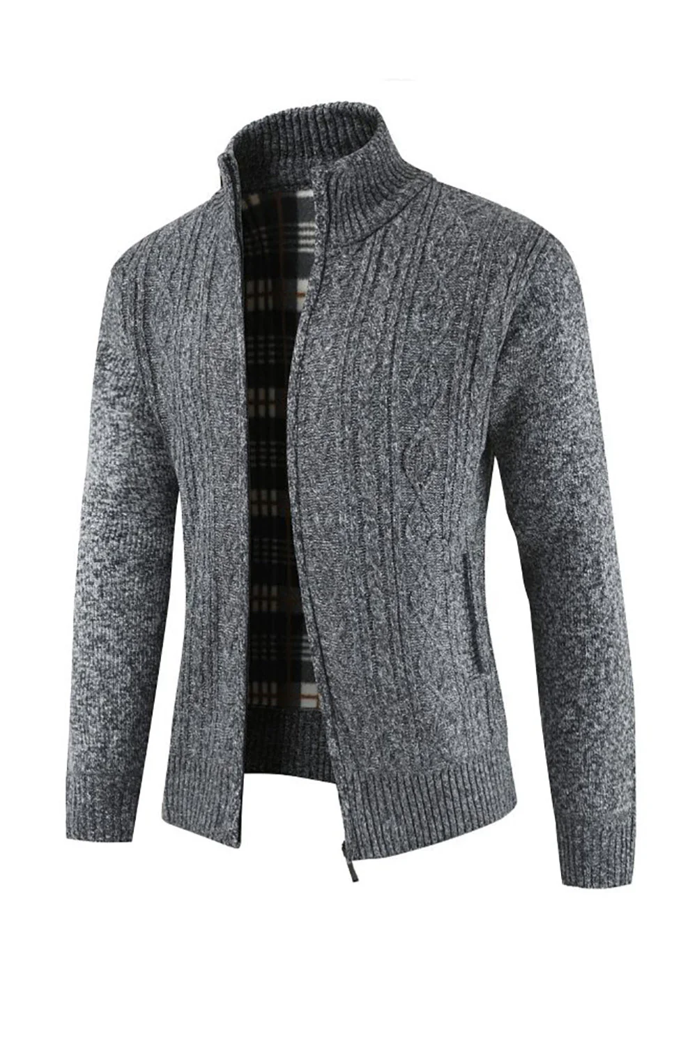 Burgundy Men's Casual Stand Collar Cardigan Zipper Cable Knitted Sweater - Image 3