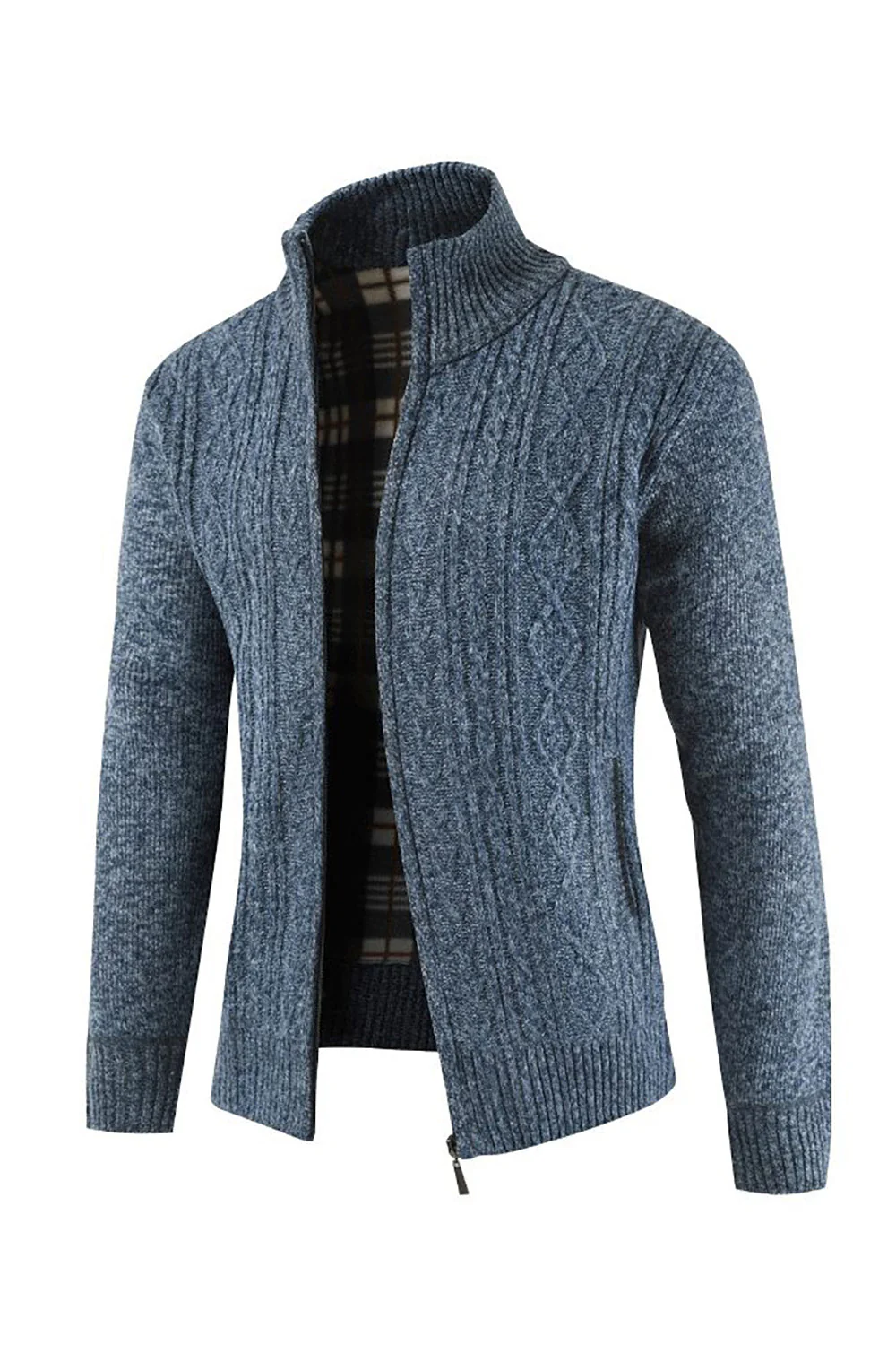 Burgundy Men's Casual Stand Collar Cardigan Zipper Cable Knitted Sweater - Image 5