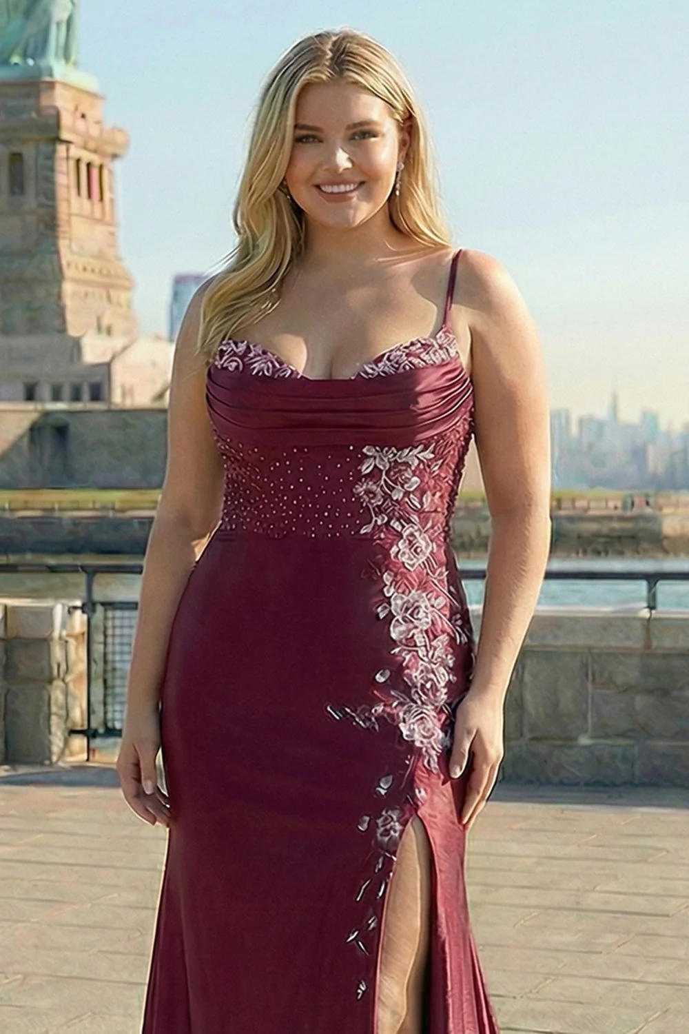 Burgundy Mermaid Beaded Embroidered Plus Size Long Prom Dress with Slit - Image 3