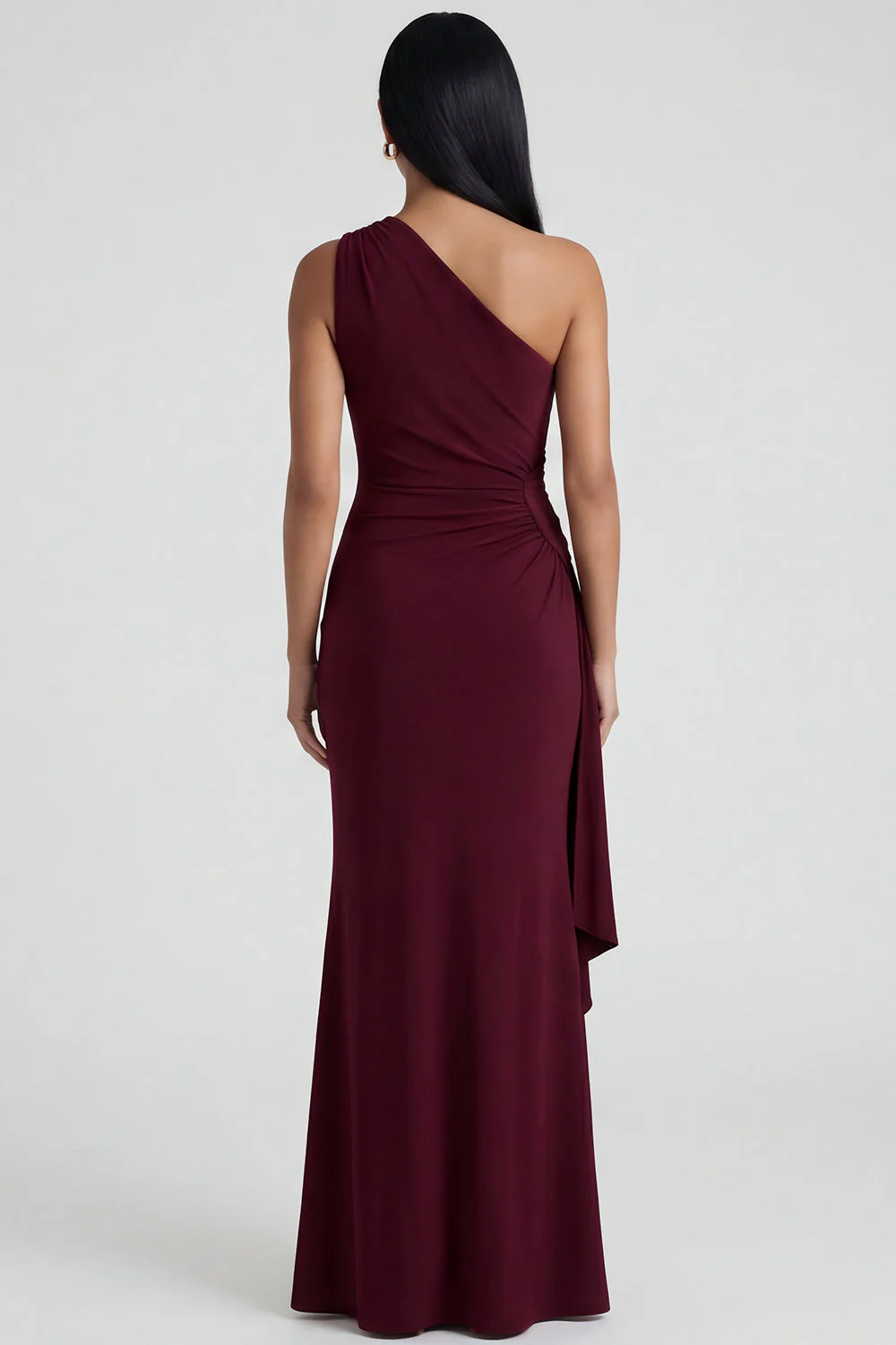 Burgundy One Shoulder Mermaid Ruched Evening Dress with Slit - Image 2