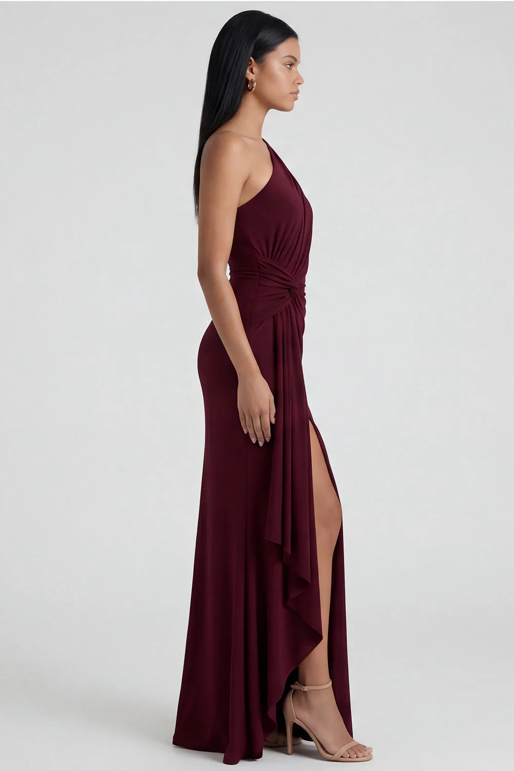 Burgundy One Shoulder Mermaid Ruched Evening Dress with Slit - Image 3