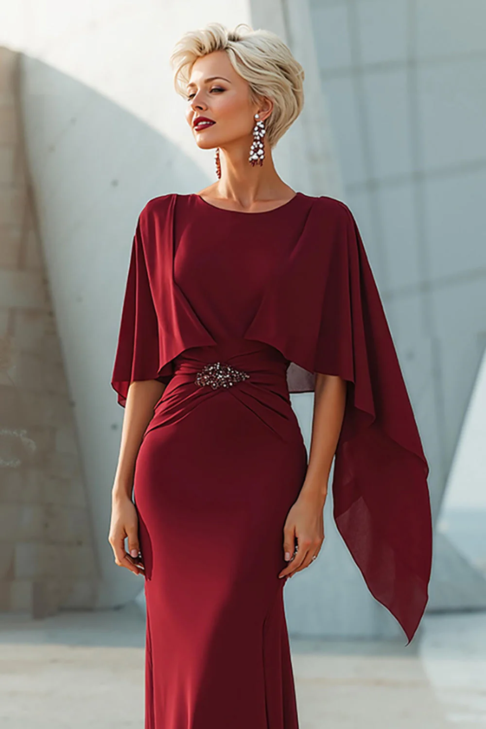 Burgundy Mermaid Round Neck Long Mother of the Bride Dress with Back Slit - Image 3