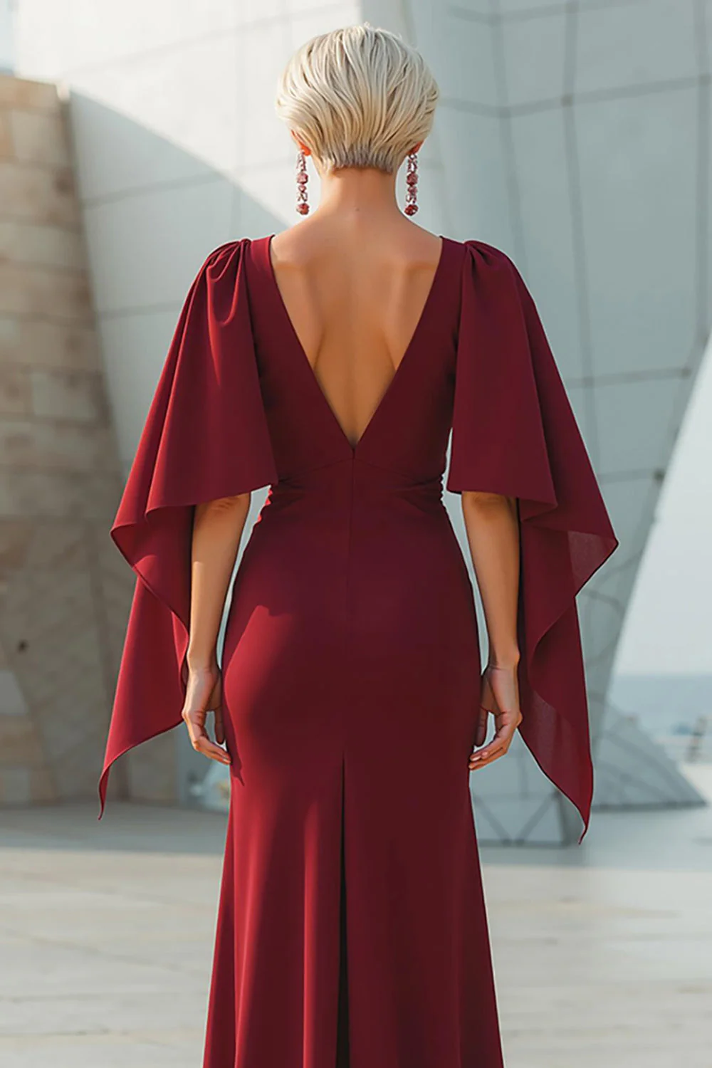 Burgundy Mermaid Round Neck Long Mother of the Bride Dress with Back Slit - Image 4
