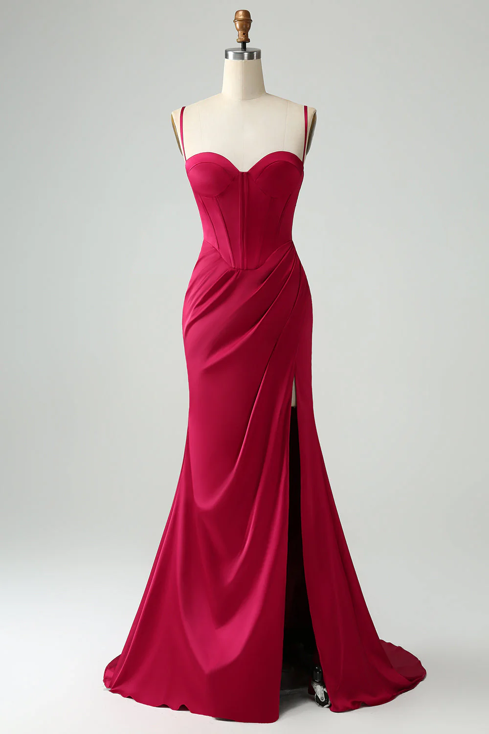 Burgundy Mermaid Spaghetti Straps Corset Long Prom Dress with Slit - Image 3