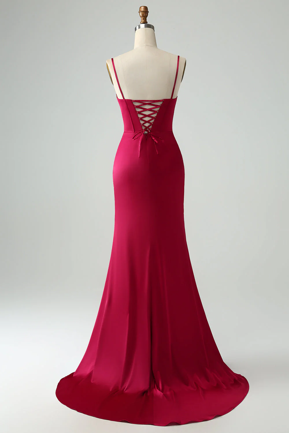 Burgundy Mermaid Spaghetti Straps Corset Long Prom Dress with Slit - Image 4