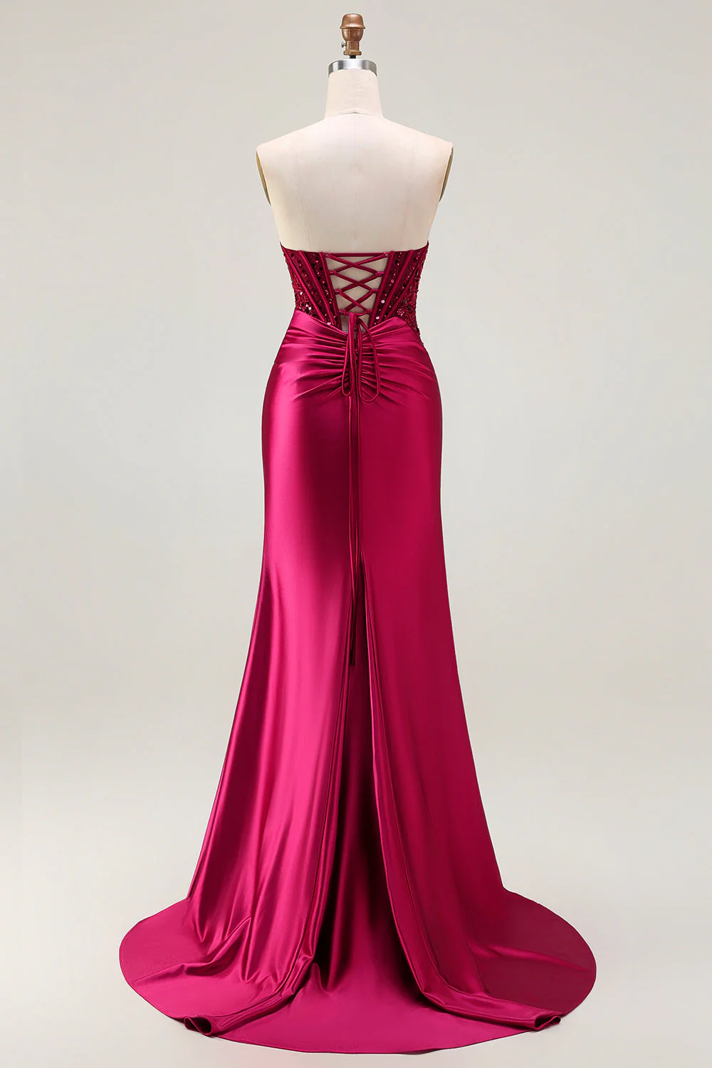 Burgundy Mermaid Strapless Corset Beaded Sequin Long Prom Dress with Slit - Image 2