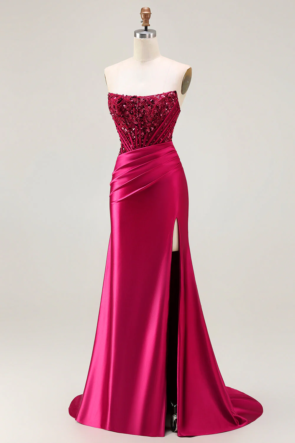 Burgundy Mermaid Strapless Corset Beaded Sequin Long Prom Dress with Slit - Image 3