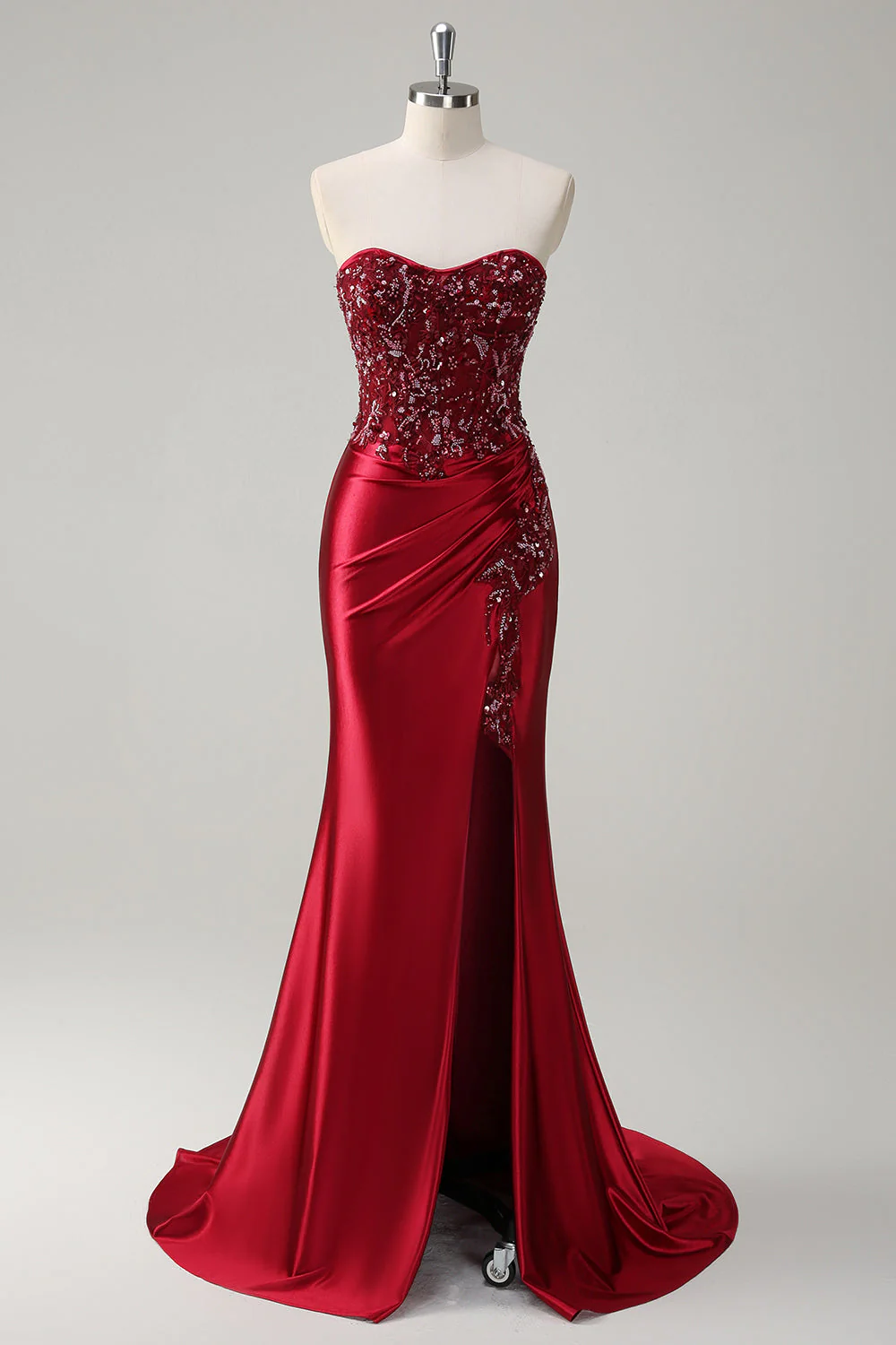 Burgundy Mermaid Strapless Sequin Long Prom Dress with Beading - Image 7