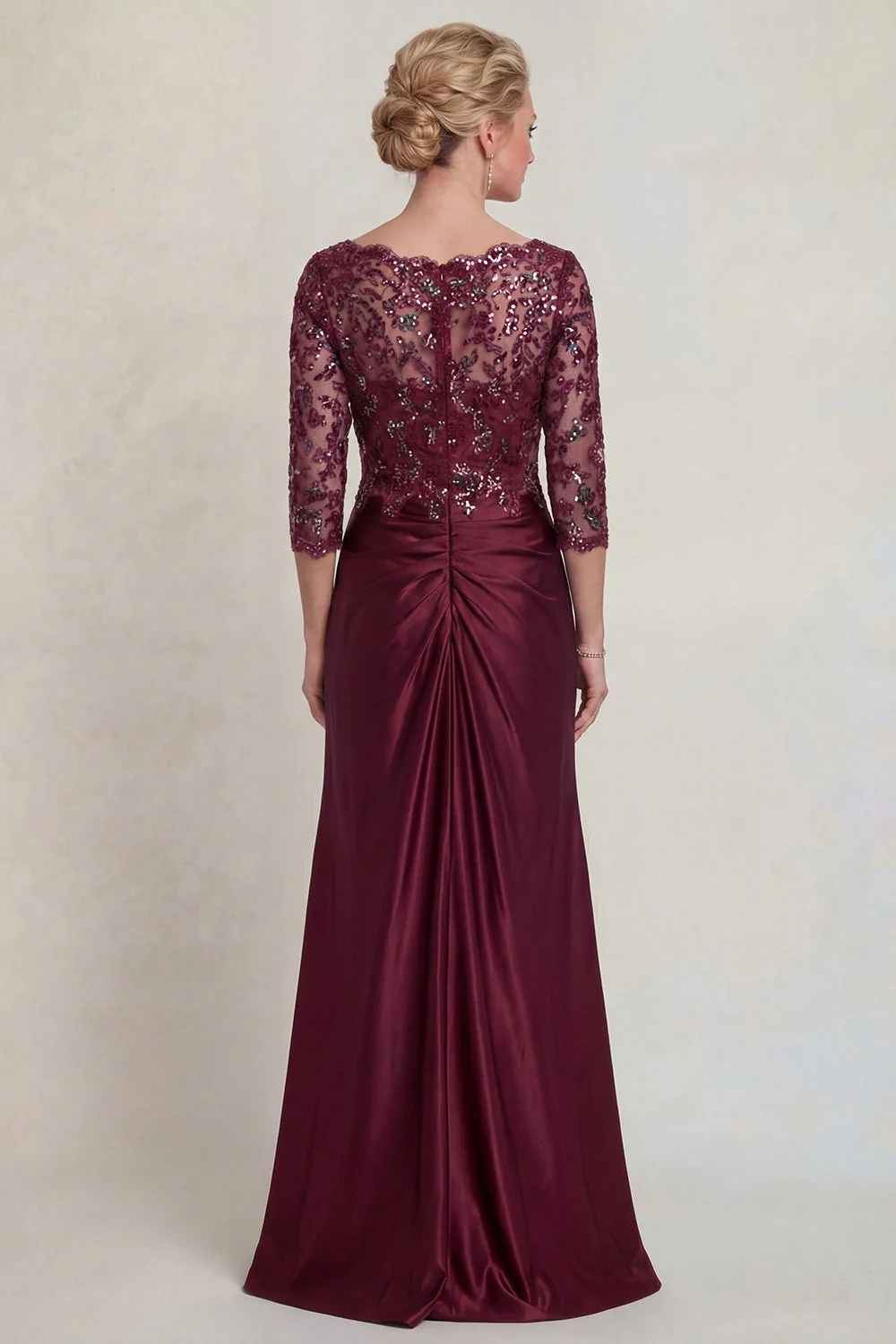 Burgundy Mermaid V Neck Sequin Mother of the Bride Dress with 3/4 Sleeves - Image 2