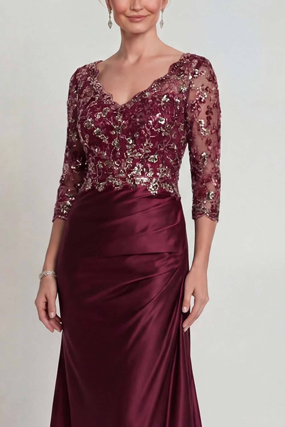 Burgundy Mermaid V Neck Sequin Mother of the Bride Dress with 3/4 Sleeves - Image 3